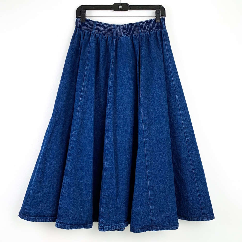 Vintage long denim skirt with elastic waist by Chatts Island, fits medium/large